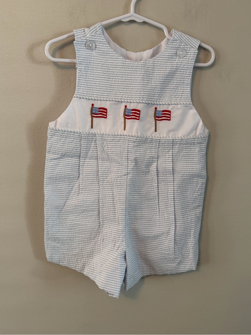Little English Seersucker Shortall with Flag Embroidery - Blue & White